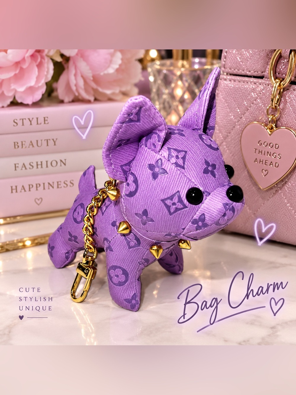 Purple Monogram Dog Plush Bag Charm Keychain Gold Chain